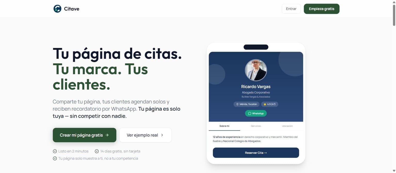 Portada de la plataforma: "Tu página de citas. Tu marca. Tus clientes." junto al ejemplo de la página de un profesional