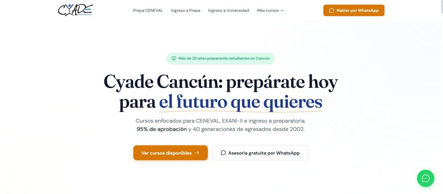Portada del sitio de Cyade Cancún: cursos para CENEVAL y EXANI-II con acceso a asesoría por WhatsApp