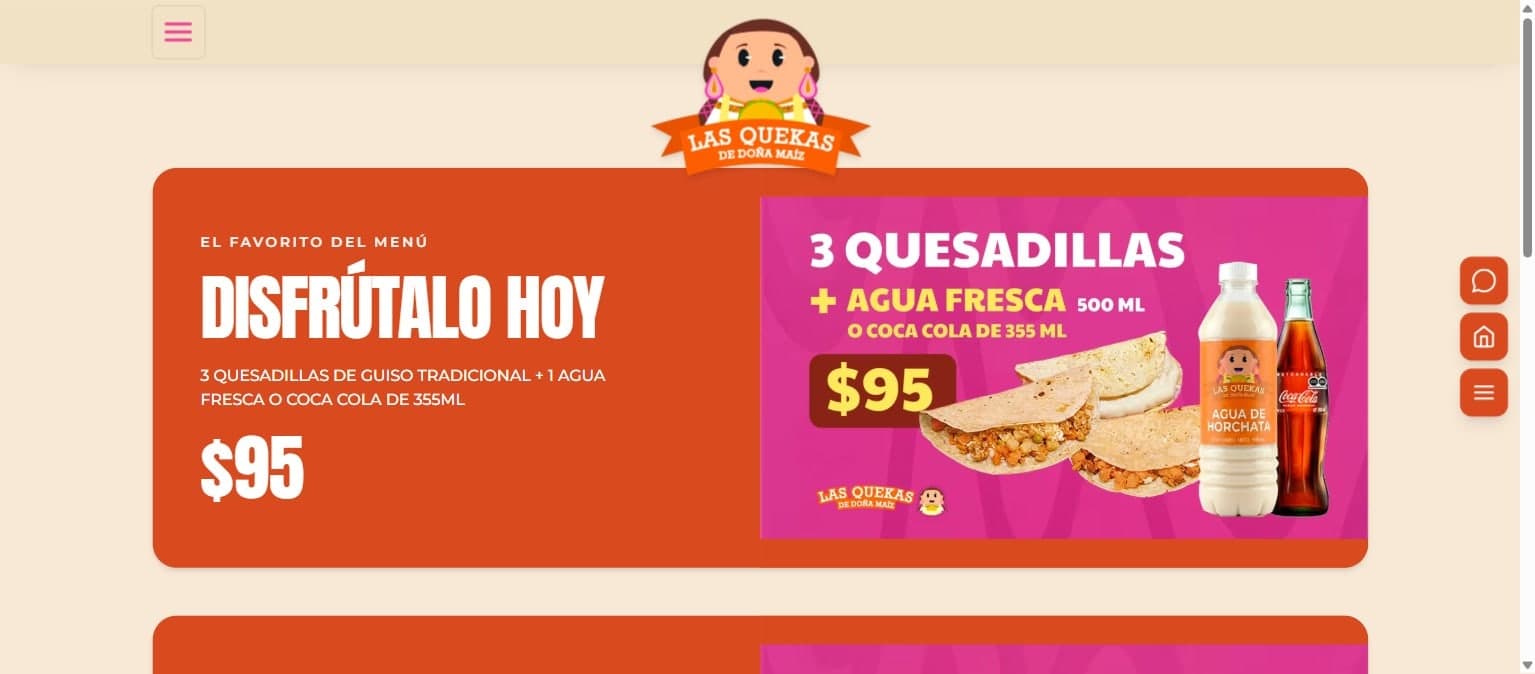 Portada de donamaiz.mx: promoción de quesadillas con agua fresca, con la mascota y los colores de la marca