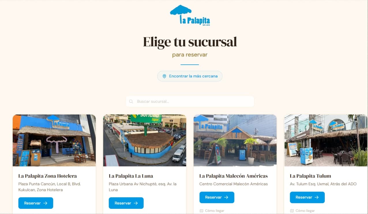 Pantalla de reservación de La Palapita: cada sucursal con su foto, su dirección y su botón de reservar